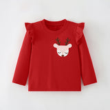 red pullover with frilly shoulders and dear print