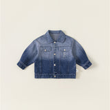 Ombre denim jacket with long sleeves, script print, and silver-colored buttons