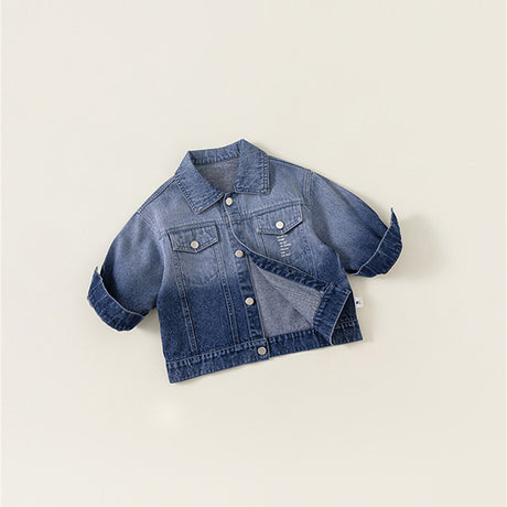 Ombre denim jacket with long sleeves, script print, and silver-colored buttons