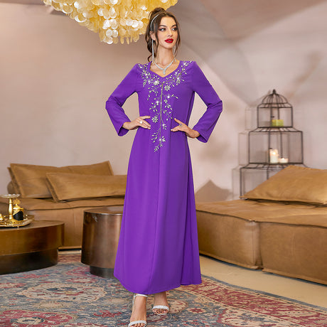 purple galabia inlaid with crystal stones ,with long sleeves