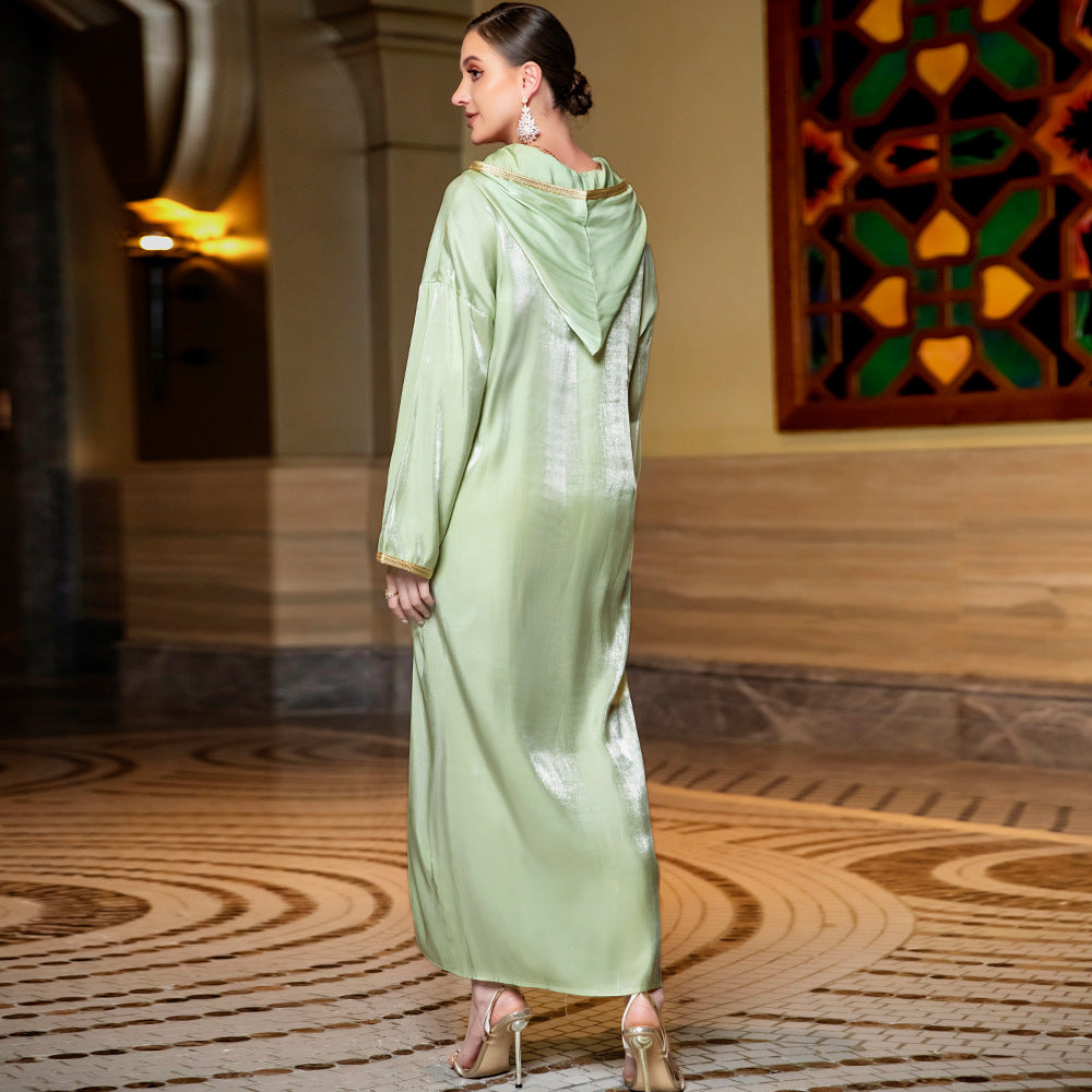 front slit loose glabiya in light green color with long sleeves and hood