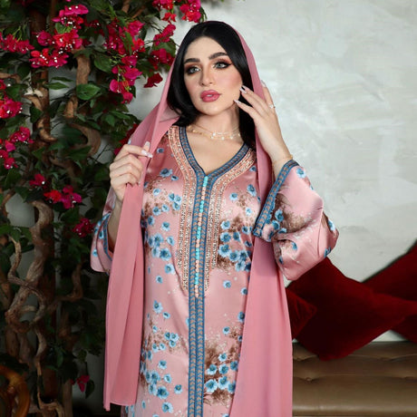 Glabiya with long sleeves ,in a baby pink color with random blue flowers ,with a pink scarve