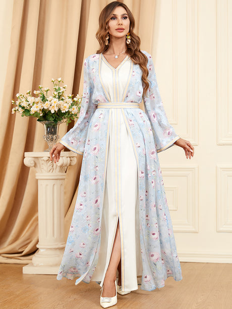 qaftan glabiya with long sleeves , tow pieces  baby blue color with random flowers ,with a belt