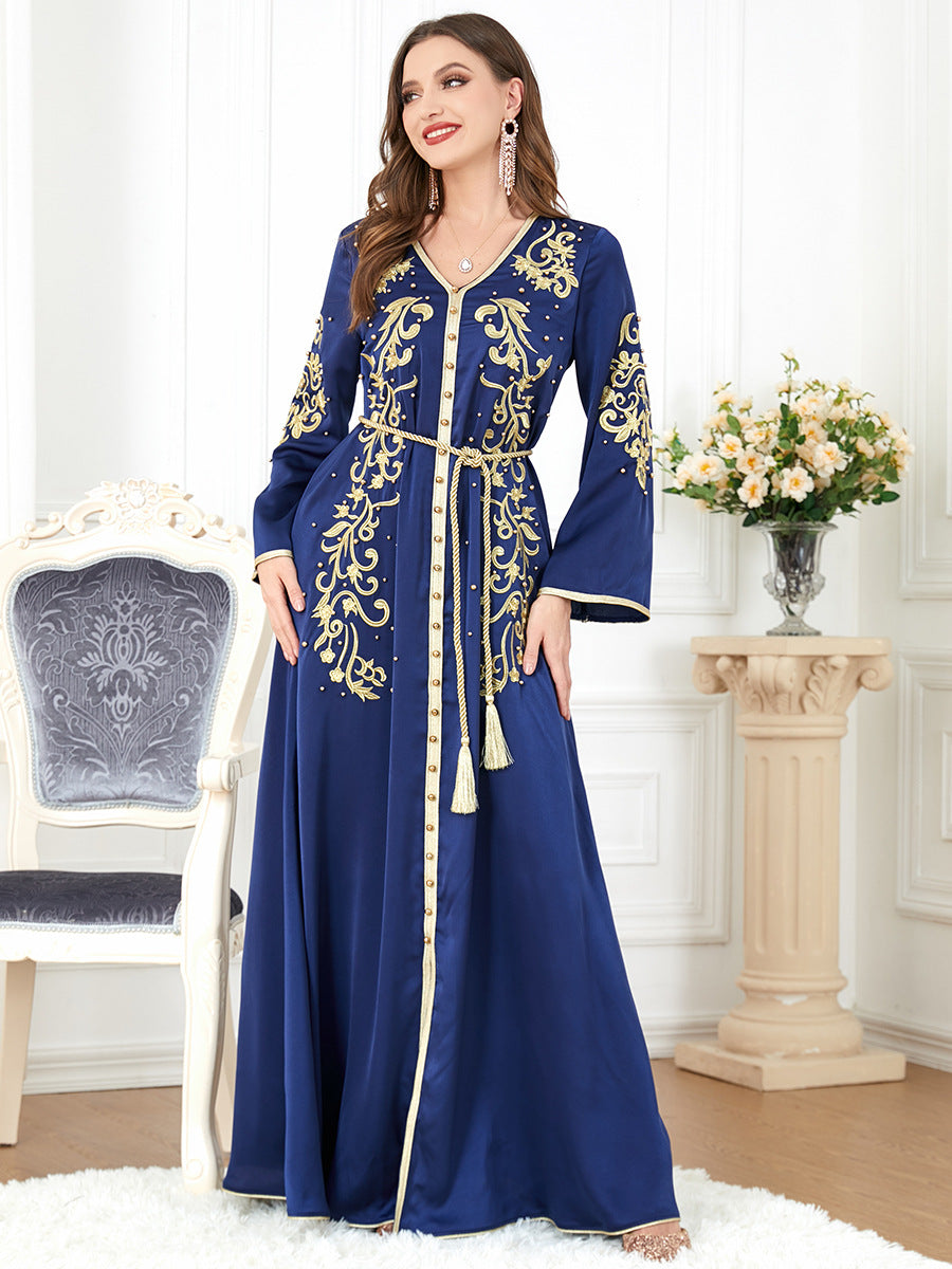 gaftan glabiya with long sleeves,one piece , blue color with gold embroidery and gold Pearls and a cort