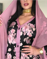 Glabiya with long sleeves, in a black color with random white and pink flowers ,with pink scarve