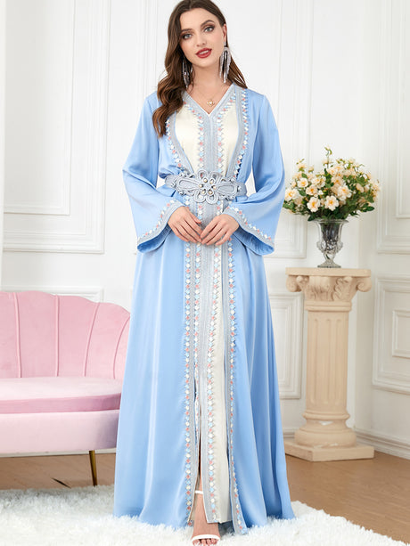 gaftan glabiya with long sleeves , tow pieces , in tow colors with belt