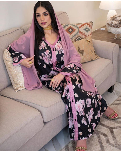 Glabiya with long sleeves, in a black color with random white and pink flowers ,with pink scarve