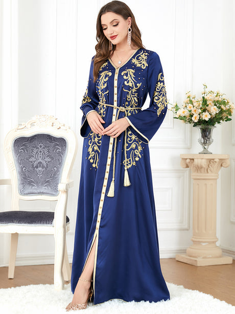 gaftan glabiya with long sleeves,one piece , blue color with gold embroidery and gold Pearls and a cort