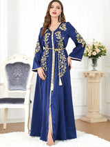 gaftan glabiya with long sleeves,one piece , blue color with gold embroidery and gold Pearls and a cort