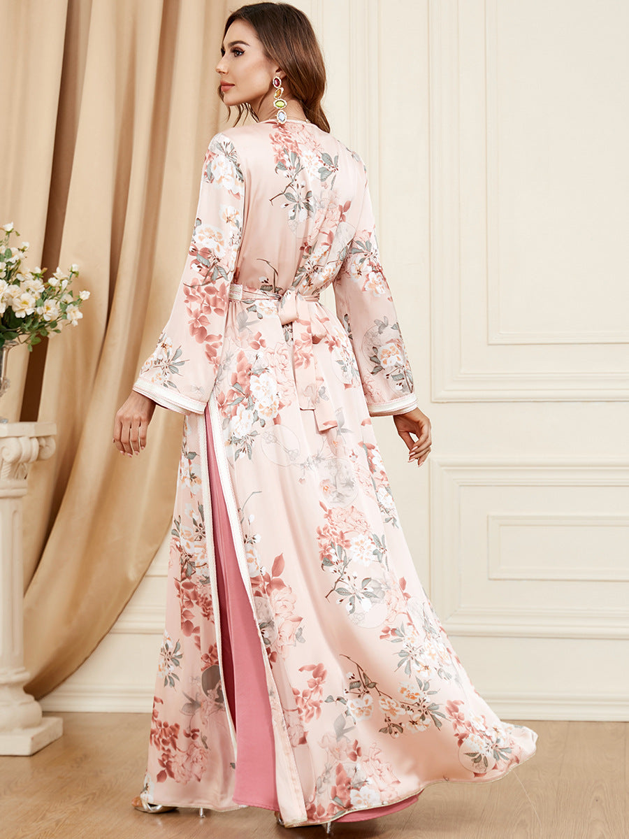 gaftan glabiya with long sleeves , tow pieces  baby pink color with random flowers ,with a belt
