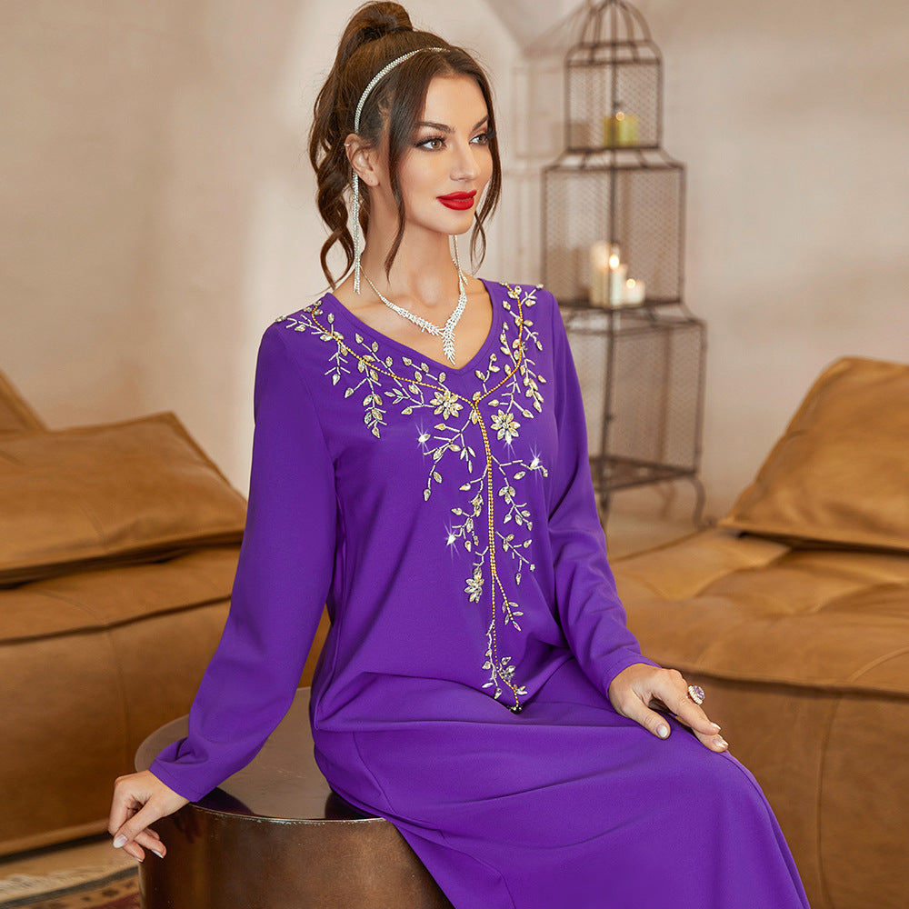 purple galabia inlaid with crystal stones ,with long sleeves
