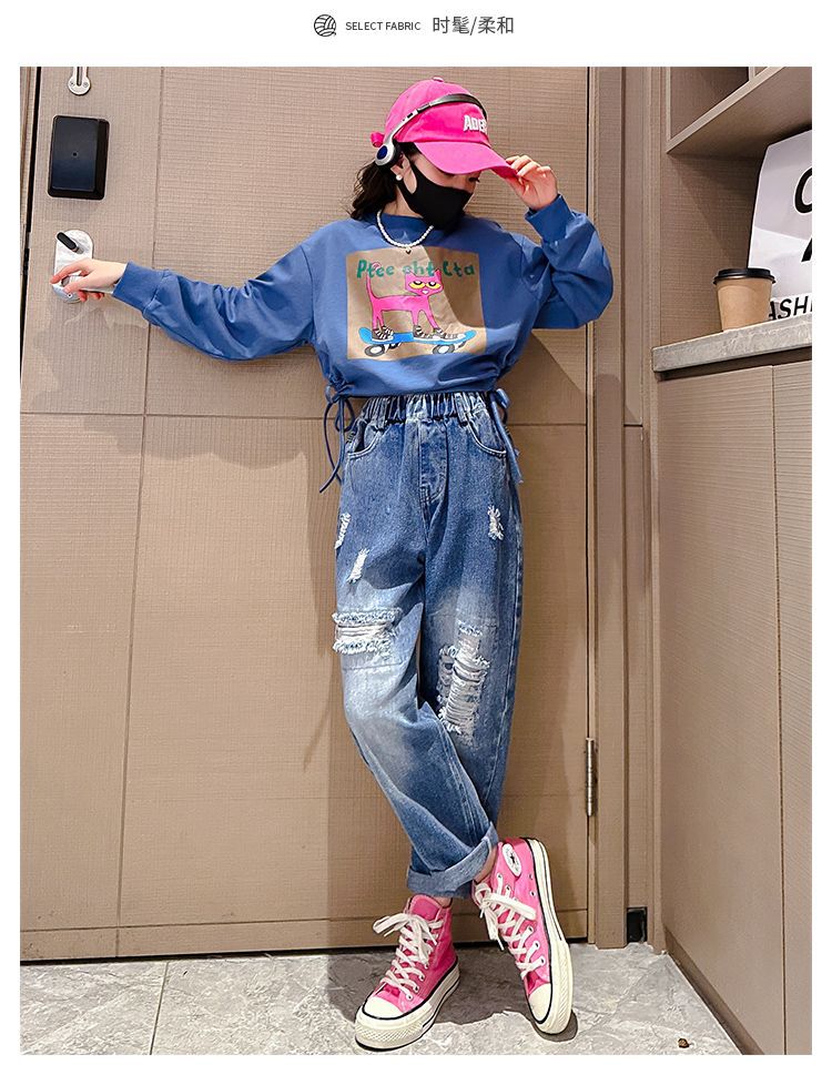 Girls 2 Piece Set, Casual Long Sleeve Side Drawstring Cat Cartoon Print Sweater with Ripped Pattern Denim Wide Pants with Front Pockets