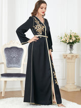 Qaftan glabiya with long sleeves , one piece , black with golden prints and a belt