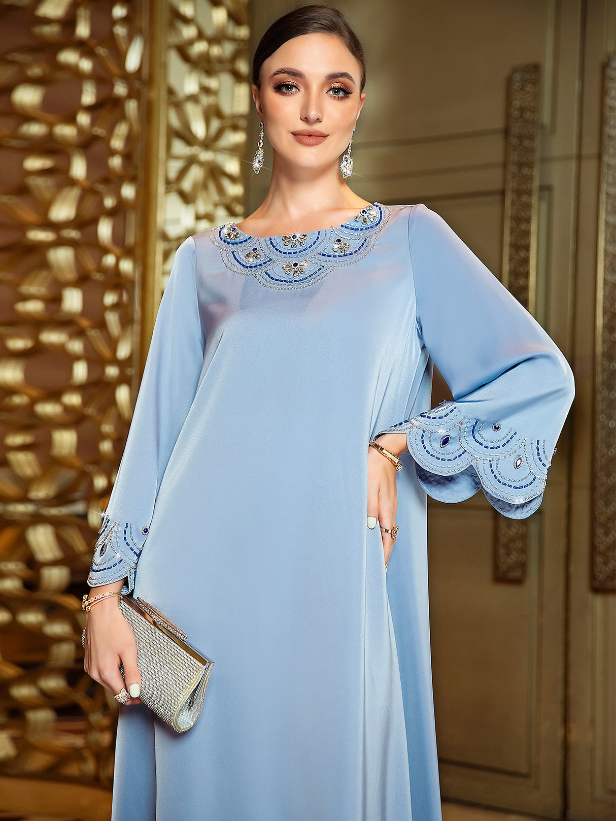 soft light blue galabia studded with crystal in half circles shapes