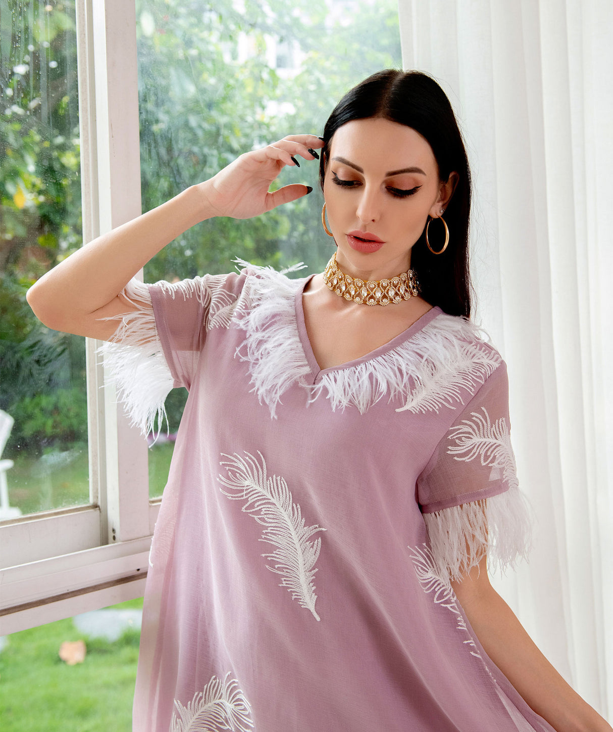 wide galabia with short sleeves with feather prints