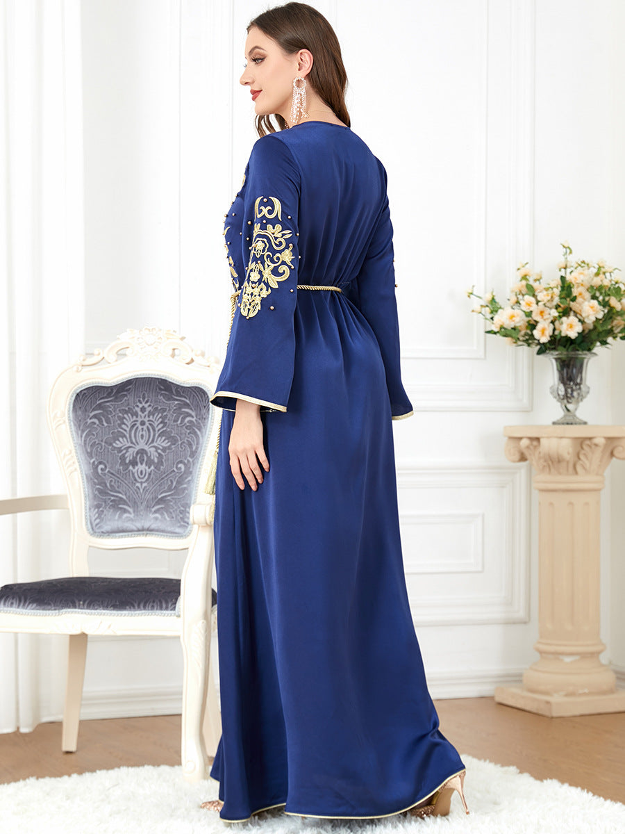 gaftan glabiya with long sleeves,one piece , blue color with gold embroidery and gold Pearls and a cort