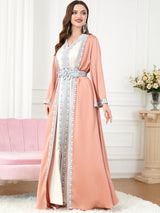gaftan glabiya with long sleeves , tow pieces , in tow colors with belt