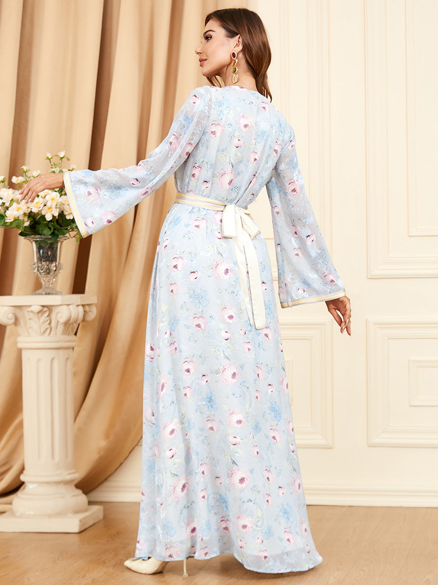 qaftan glabiya with long sleeves , tow pieces  baby blue color with random flowers ,with a belt