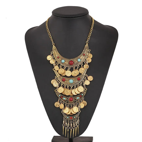 A popular style necklace with four layers decorated with turquoise and red stones with dangling pennies