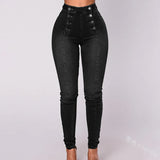 Skinny dark denim pants with a high waist and eight front buttons neatly arranged