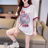 Women's oversized T-shirt with dark color borders, studded flying elephant print with writings