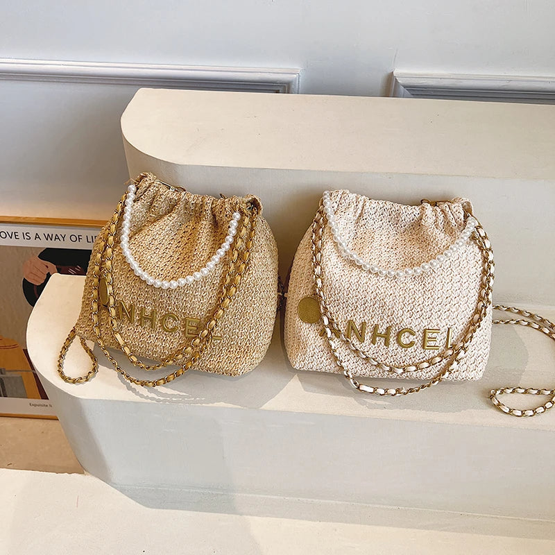 Bohemian style bag with shoulder chain and pearl chain