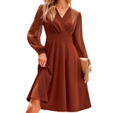 Solid color short crossover dress with semi-transparent long sleeves
