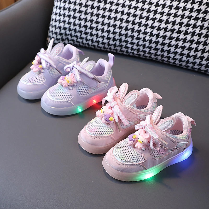 Girls' LED sneakers with string and adhesive laces in a rabbit pattern