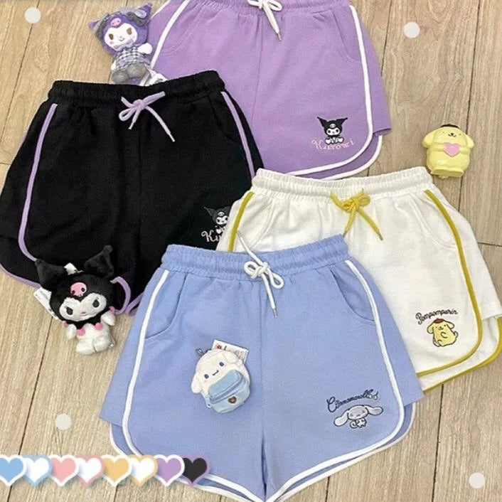 Women's short cotton sports shorts with contrast border, front pockets, drawstring and cute little character print
