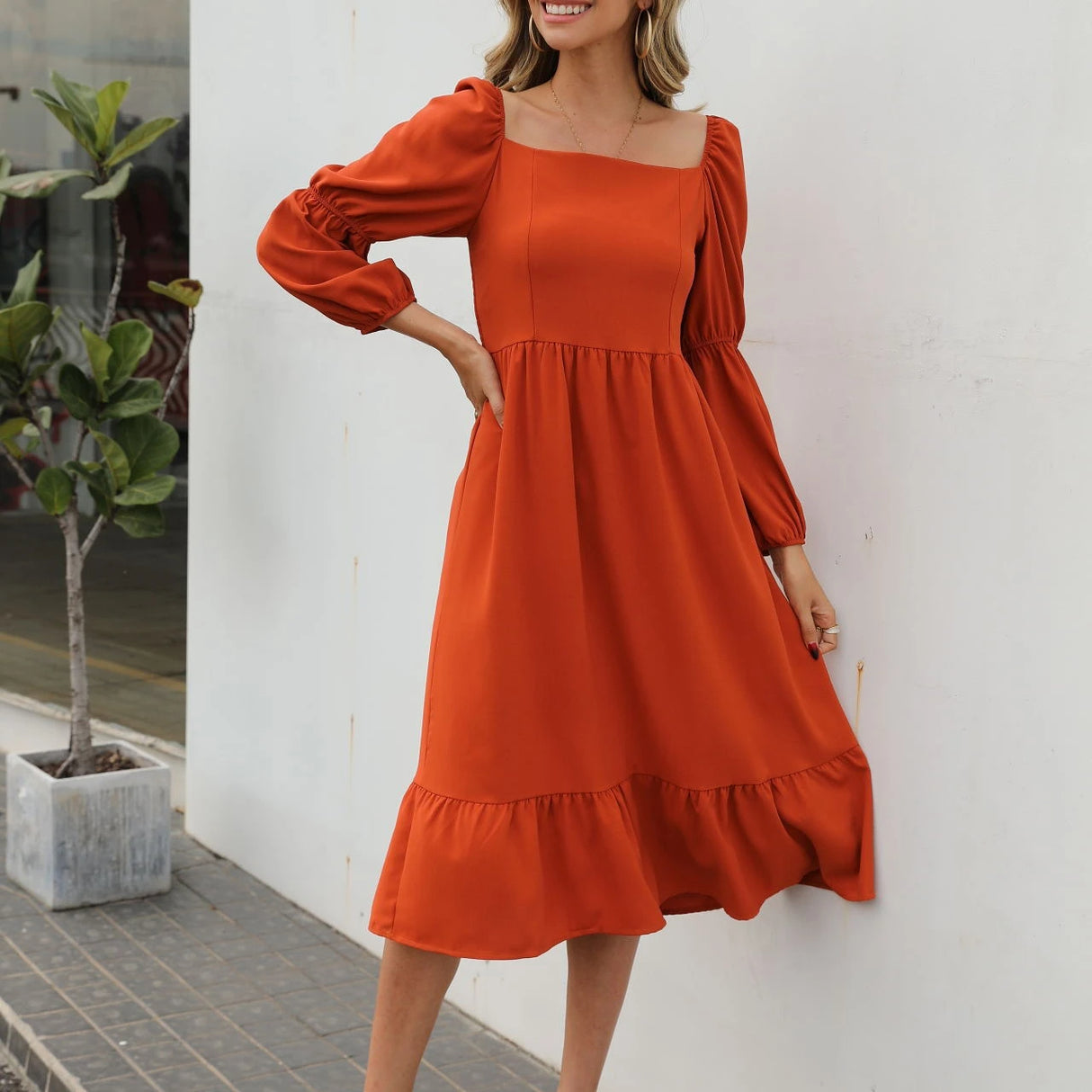 Women's soft summer dress with a square neckline and puff midi sleeves