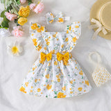 Girls' white summer dress with random yellow flower prints, ruffles at the shoulders and bows in the front, with a head tie in the same style