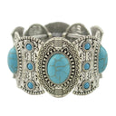 Women's wide bohemian silver colored bracelet decorated with colored stones, equipped with rubber