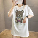 Wide women's T-shirt with sleeves up to the elbow, with a teddy bear and writing print
