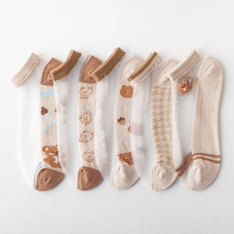 A set of light, short, and transparent home socks in cute teddy bear shapes