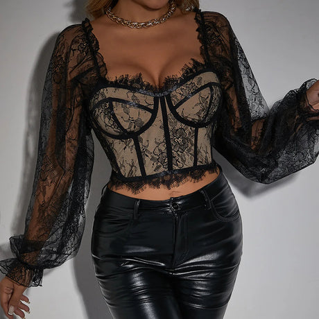 Women's black lace top with long bell sleeves
