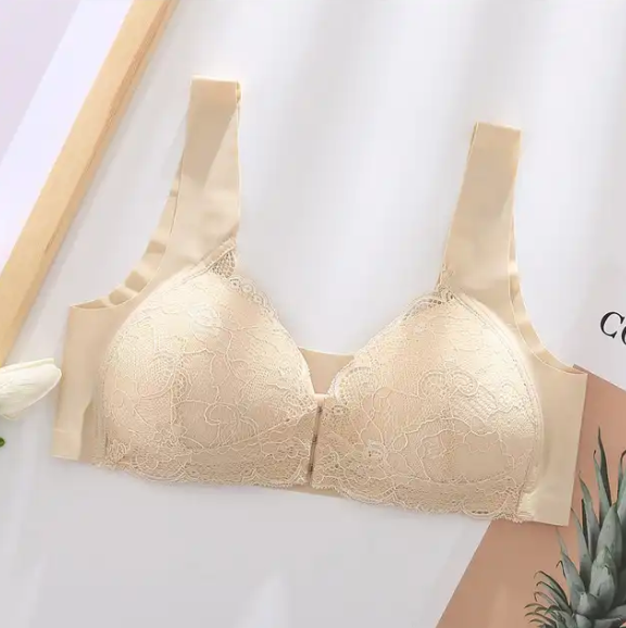 Solid color front clips wireless nursing bra with no-show borders and lace front