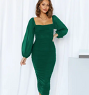 Mid-length tight dress with a square chest opening and wide, long sleeves