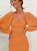 Mid-length tight dress with a square chest opening and wide, long sleeves