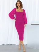 Mid-length tight dress with a square chest opening and wide, long sleeves