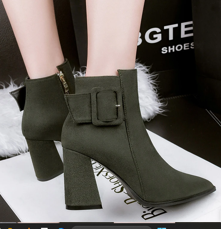 Boots with belt, buckle, side zipper and high heel Suede