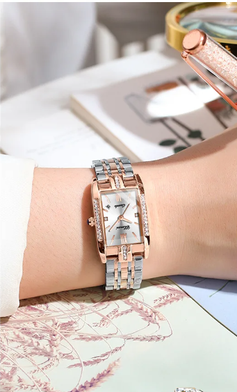 A luxurious waterproof women's watch with an elegant style, a silver stainless steel case encrusted with crystals