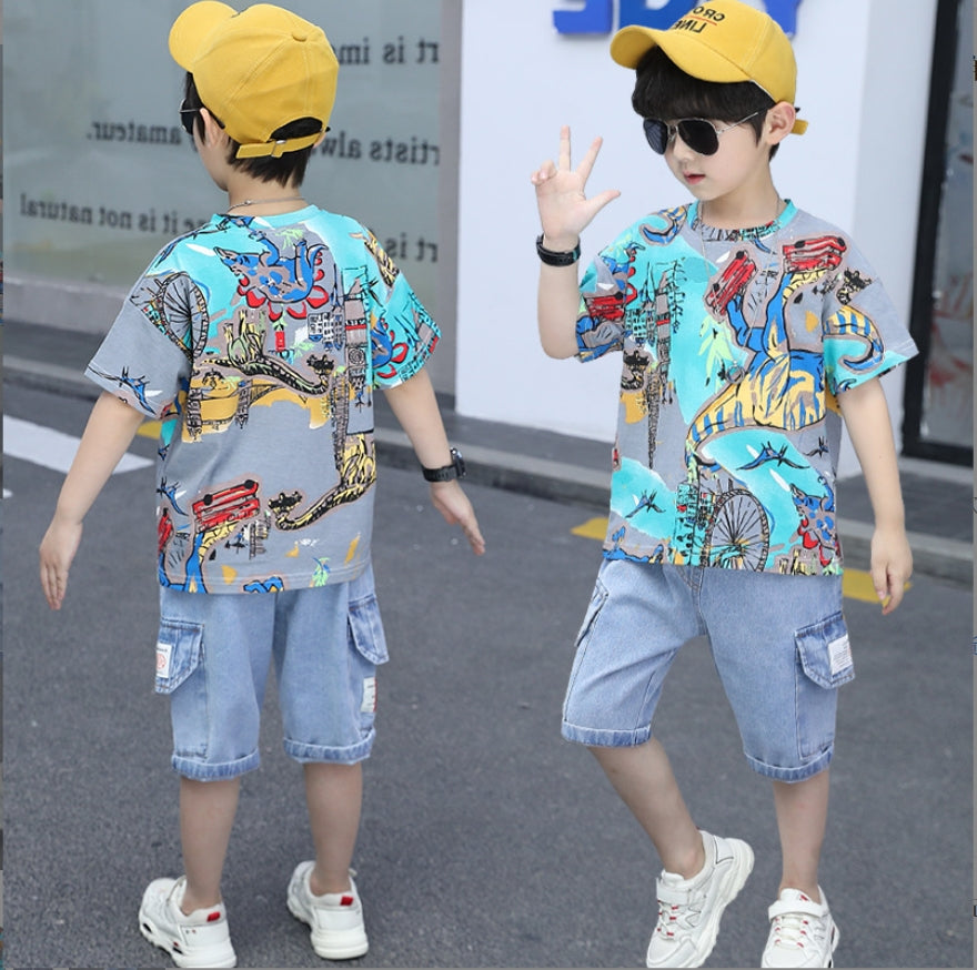 A two-piece set for boys, light-colored denim shorts with side pockets and a T-shirt with dinosaur attack print on the front and back