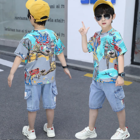 A two-piece set for boys, light-colored denim shorts with side pockets and a T-shirt with dinosaur attack print on the front and back