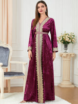 gaftan glabiya with long sleeves, one piece , with gold embroidery and with belt