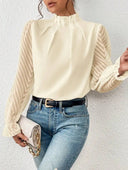Women's plain blouse with semi-sheer long sleeves and ruffled round neck
