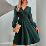 Solid color short crossover dress with semi-transparent long sleeves