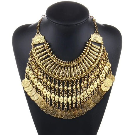 A long and wide popular style necklace with dangling pennies in gold or silver color