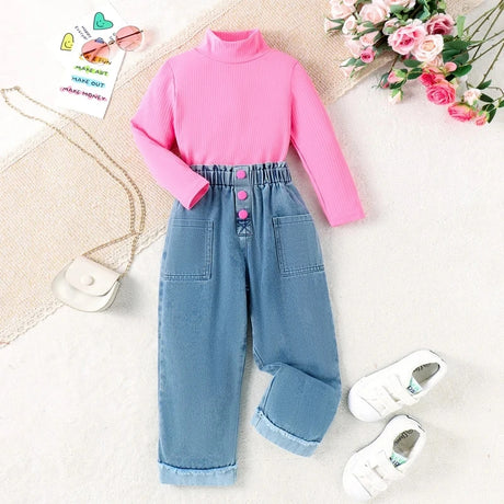 Girls' two-piece set, pink long-sleeved high-neck blouse, and wide-leg jeans with front pockets and pink buttons