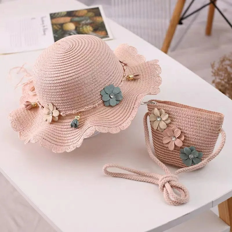 Two-piece set for girls A children's straw hat decorated with flowers and a crossbody shoulder bag decorated with flowers