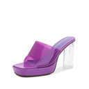 Transparent high-heeled sandals with one large transparent strap with a color block